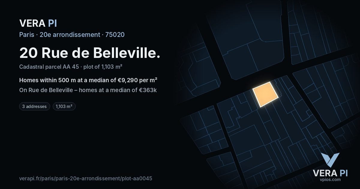 20 Rue de Belleville, 20e arrondissement at night – the plot lit, the parcels around coloured by the prices near them