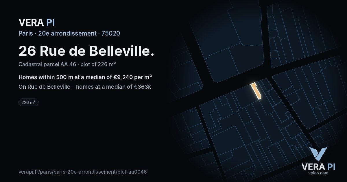 26 Rue de Belleville, 20e arrondissement at night – the plot lit, the parcels around coloured by the prices near them