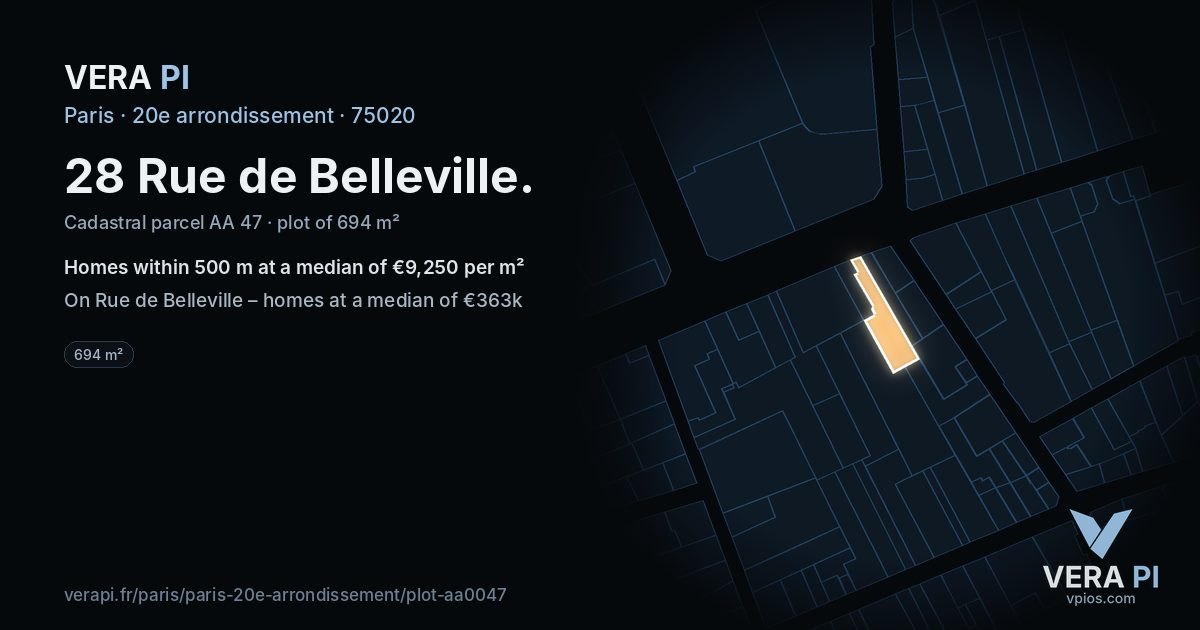 28 Rue de Belleville, 20e arrondissement at night – the plot lit, the parcels around coloured by the prices near them