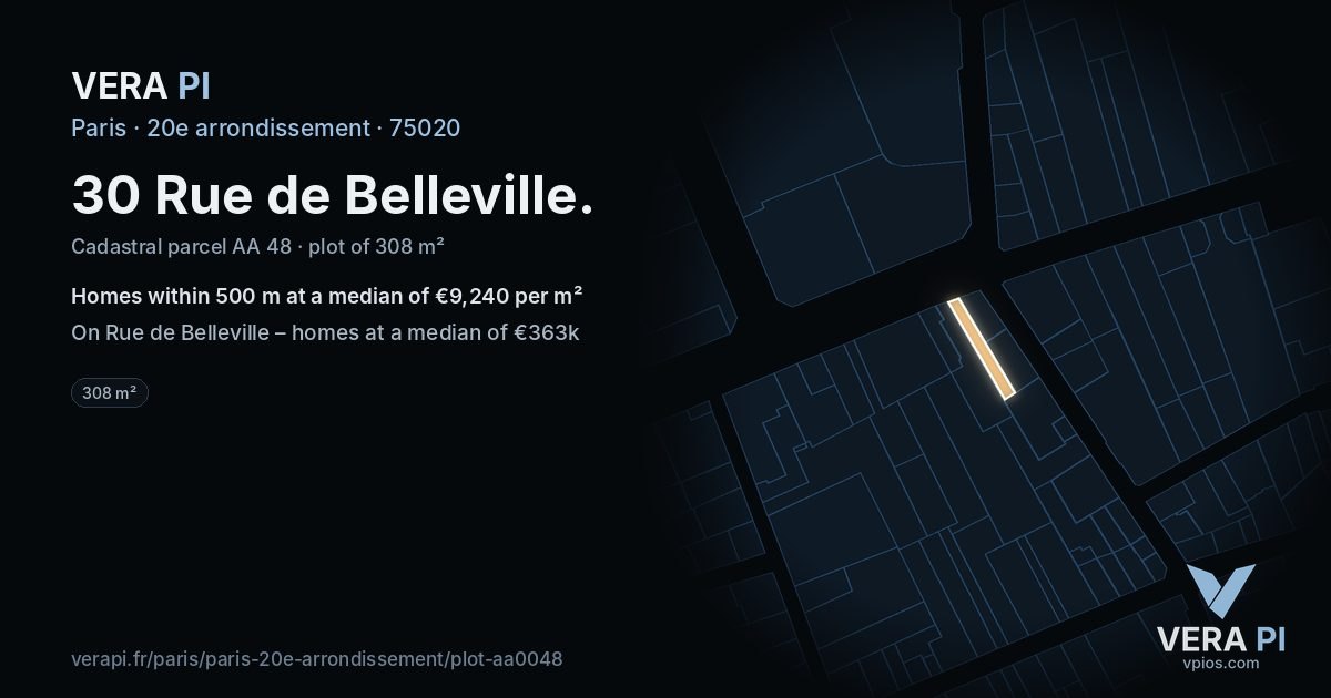 30 Rue de Belleville, 20e arrondissement at night – the plot lit, the parcels around coloured by the prices near them
