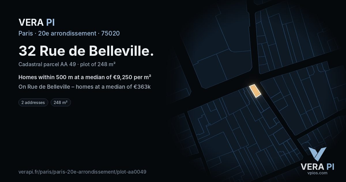 32 Rue de Belleville, 20e arrondissement at night – the plot lit, the parcels around coloured by the prices near them