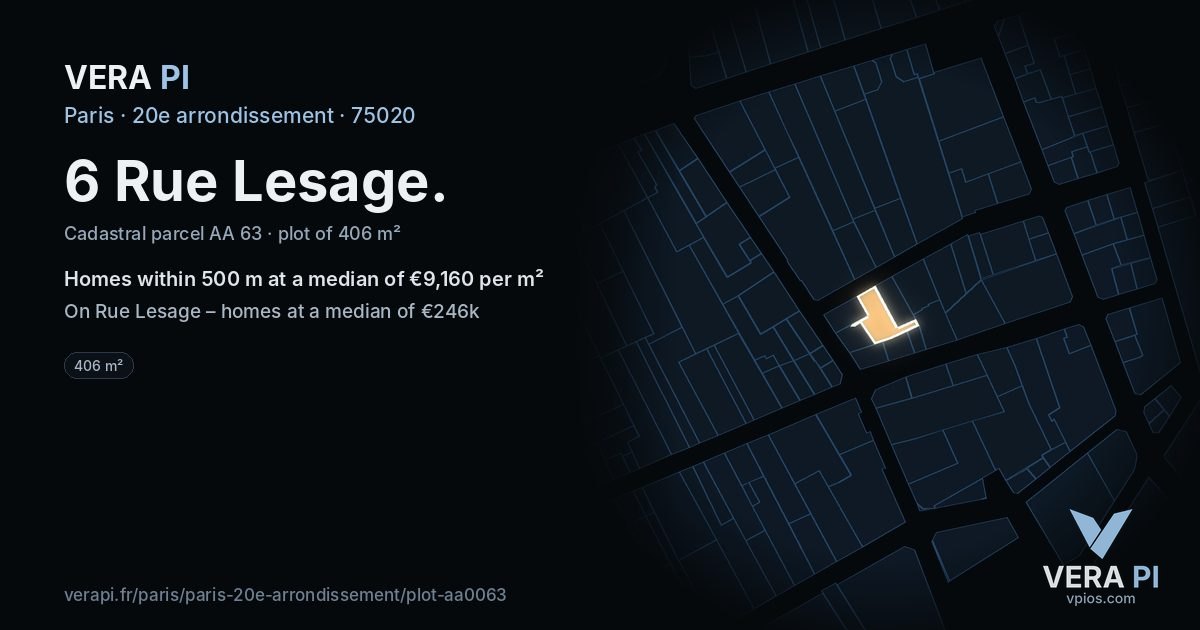 6 Rue Lesage, 20e arrondissement at night – the plot lit, the parcels around coloured by the prices near them