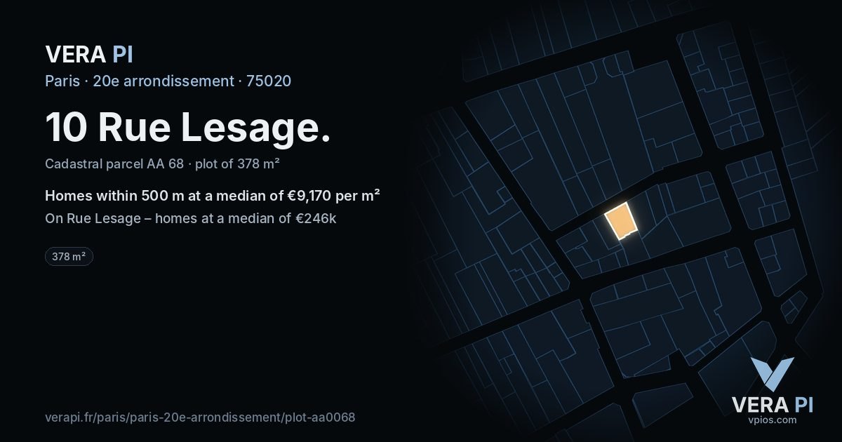 10 Rue Lesage, 20e arrondissement at night – the plot lit, the parcels around coloured by the prices near them