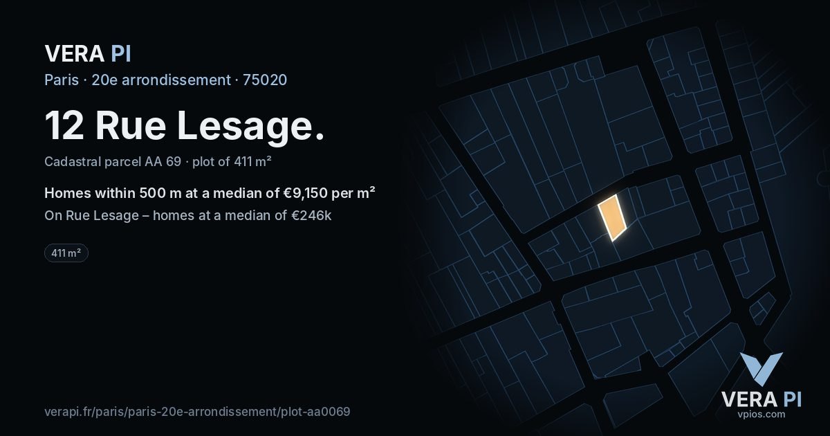12 Rue Lesage, 20e arrondissement at night – the plot lit, the parcels around coloured by the prices near them