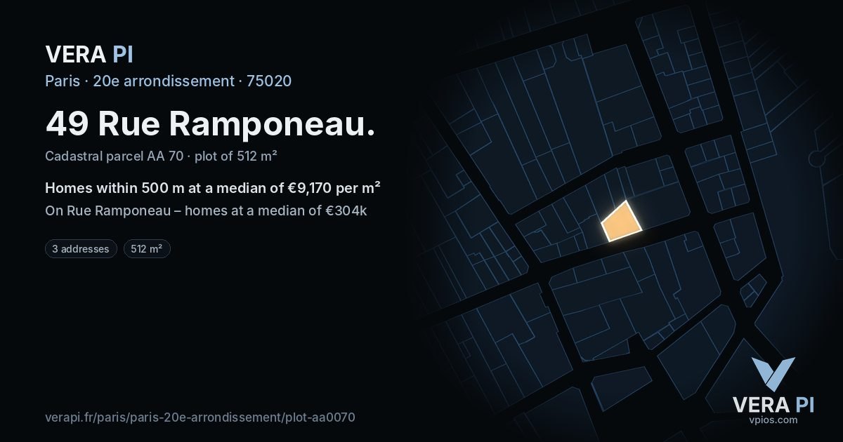 49 Rue Ramponeau, 20e arrondissement at night – the plot lit, the parcels around coloured by the prices near them