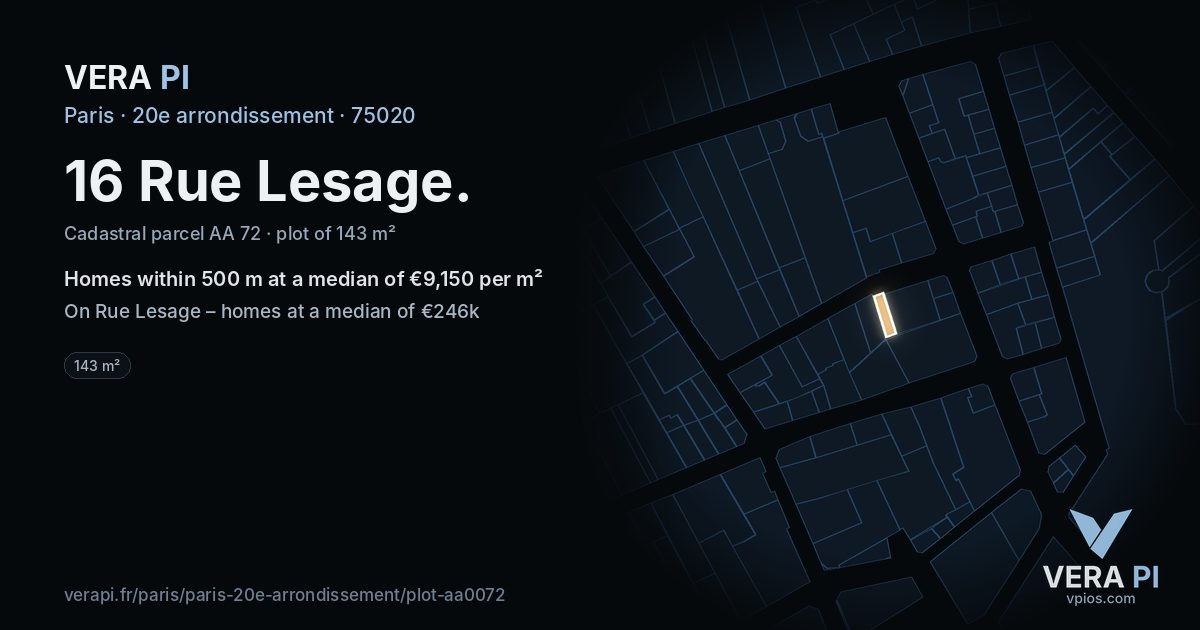 16 Rue Lesage, 20e arrondissement at night – the plot lit, the parcels around coloured by the prices near them