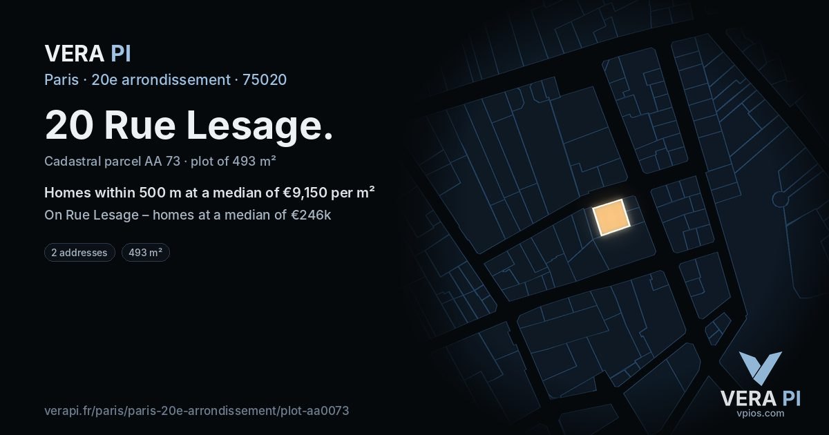 20 Rue Lesage, 20e arrondissement at night – the plot lit, the parcels around coloured by the prices near them