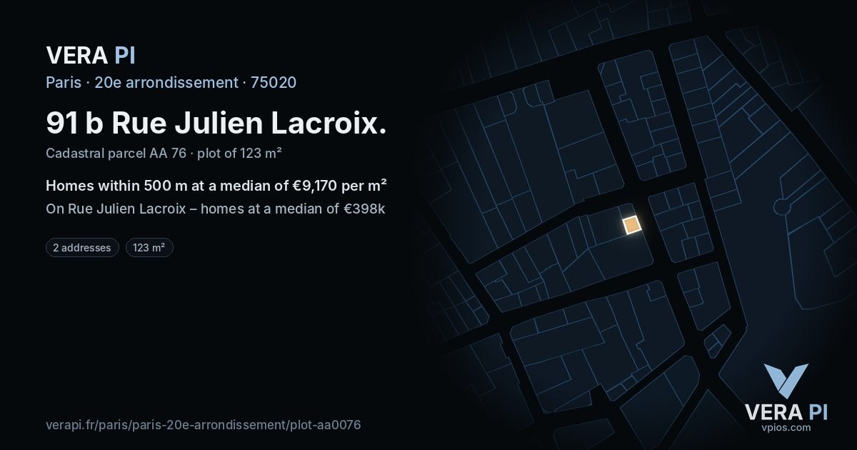91 b Rue Julien Lacroix, 20e arrondissement at night – the plot lit, the parcels around coloured by the prices near them