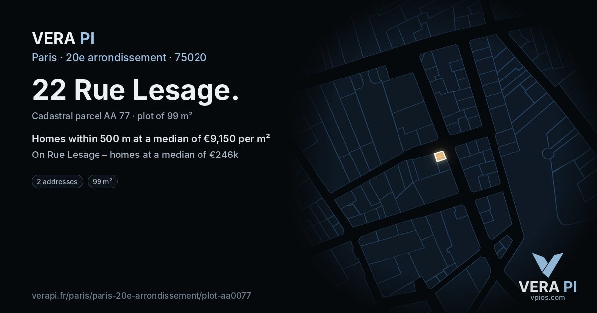 22 Rue Lesage, 20e arrondissement at night – the plot lit, the parcels around coloured by the prices near them