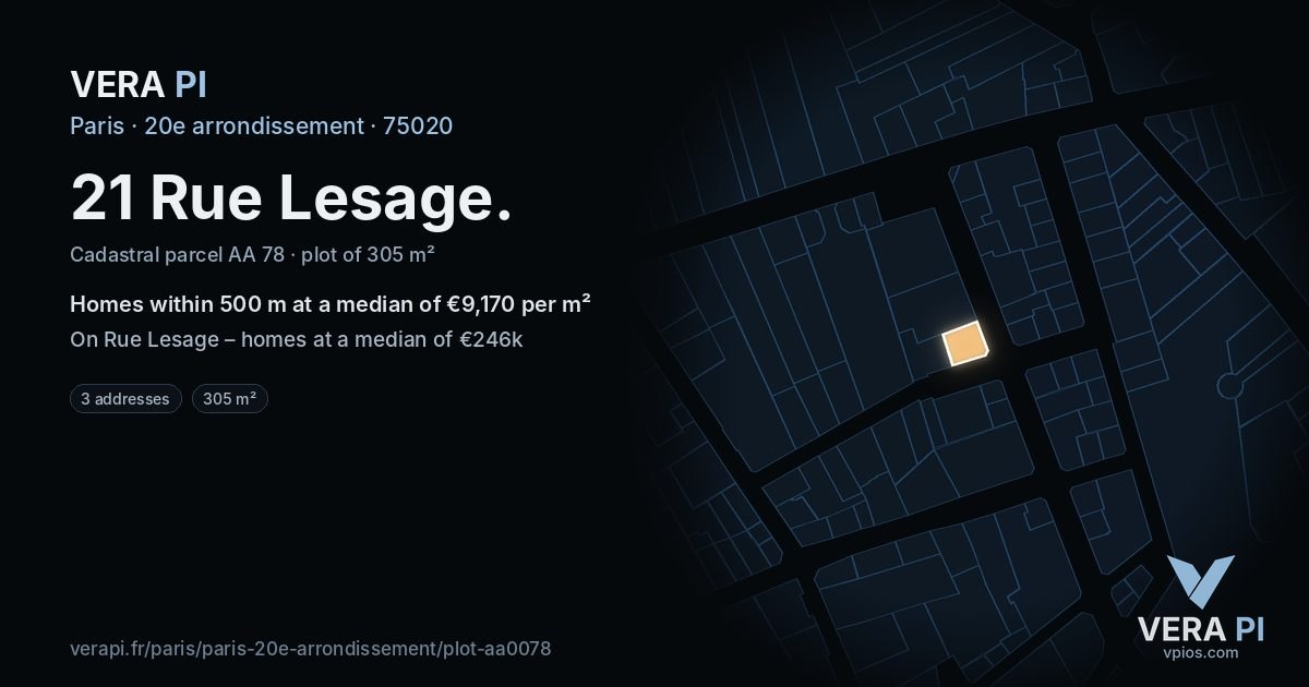 21 Rue Lesage, 20e arrondissement at night – the plot lit, the parcels around coloured by the prices near them