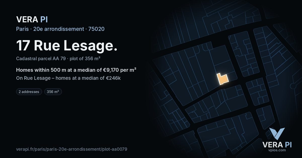 17 Rue Lesage, 20e arrondissement at night – the plot lit, the parcels around coloured by the prices near them