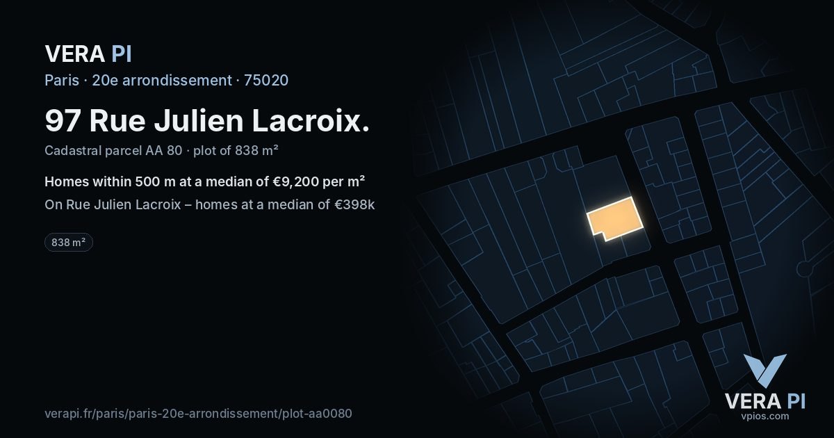 97 Rue Julien Lacroix, 20e arrondissement at night – the plot lit, the parcels around coloured by the prices near them