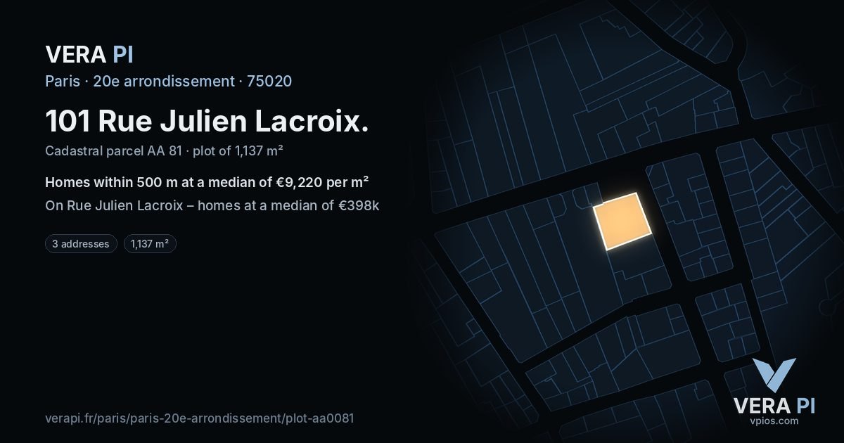 101 Rue Julien Lacroix, 20e arrondissement at night – the plot lit, the parcels around coloured by the prices near them