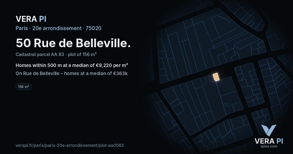 50 Rue de Belleville, 20e arrondissement at night – the plot lit, the parcels around coloured by the prices near them