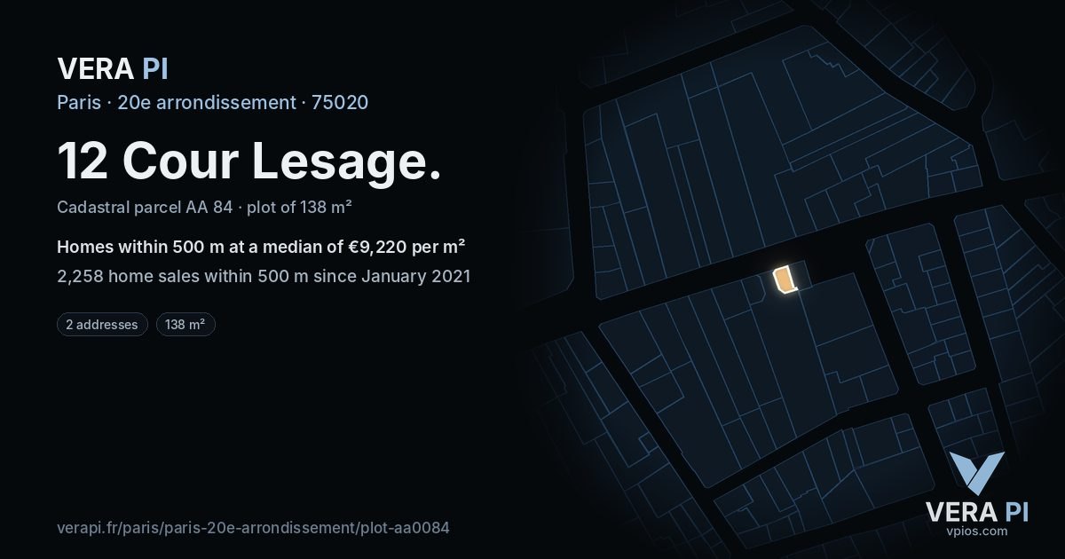 12 Cour Lesage, 20e arrondissement at night – the plot lit, the parcels around coloured by the prices near them