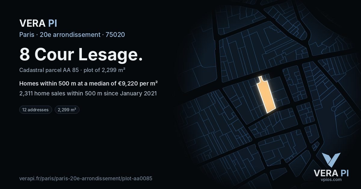 8 Cour Lesage, 20e arrondissement at night – the plot lit, the parcels around coloured by the prices near them