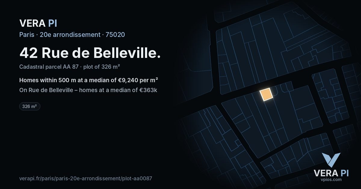 42 Rue de Belleville, 20e arrondissement at night – the plot lit, the parcels around coloured by the prices near them
