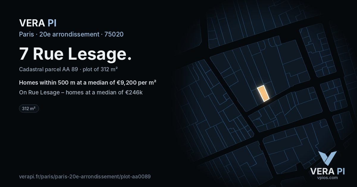 7 Rue Lesage, 20e arrondissement at night – the plot lit, the parcels around coloured by the prices near them