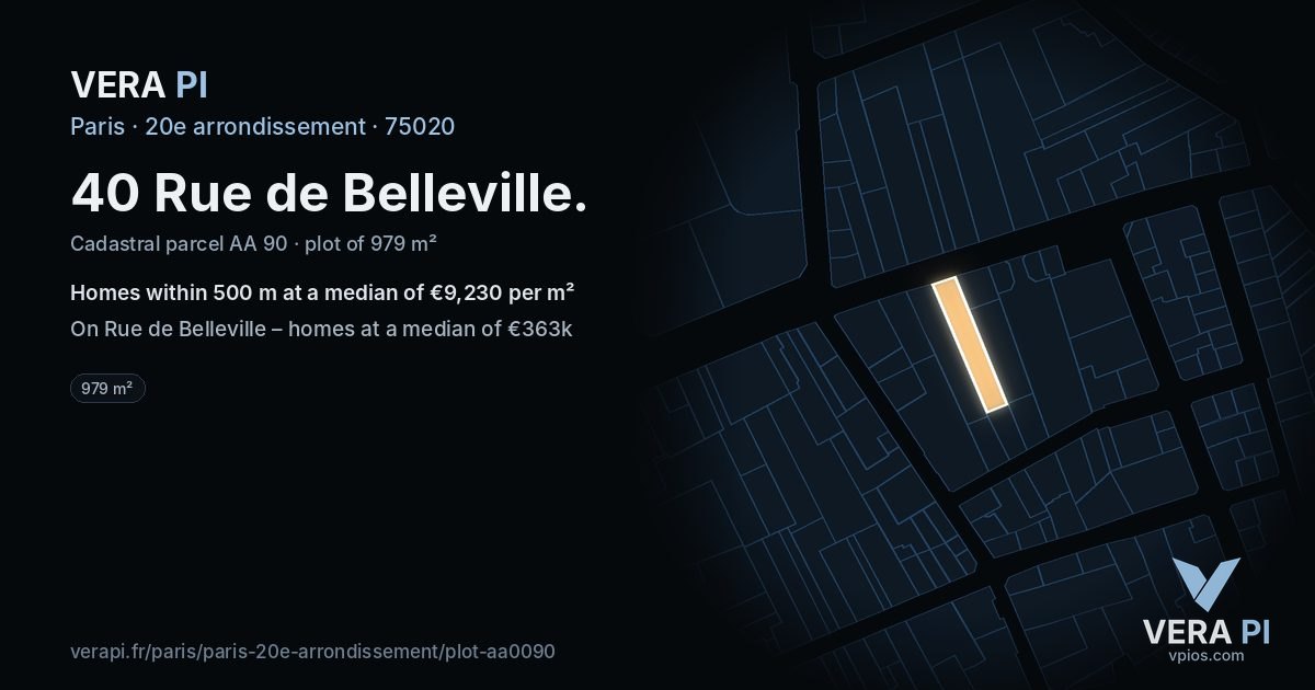40 Rue de Belleville, 20e arrondissement at night – the plot lit, the parcels around coloured by the prices near them