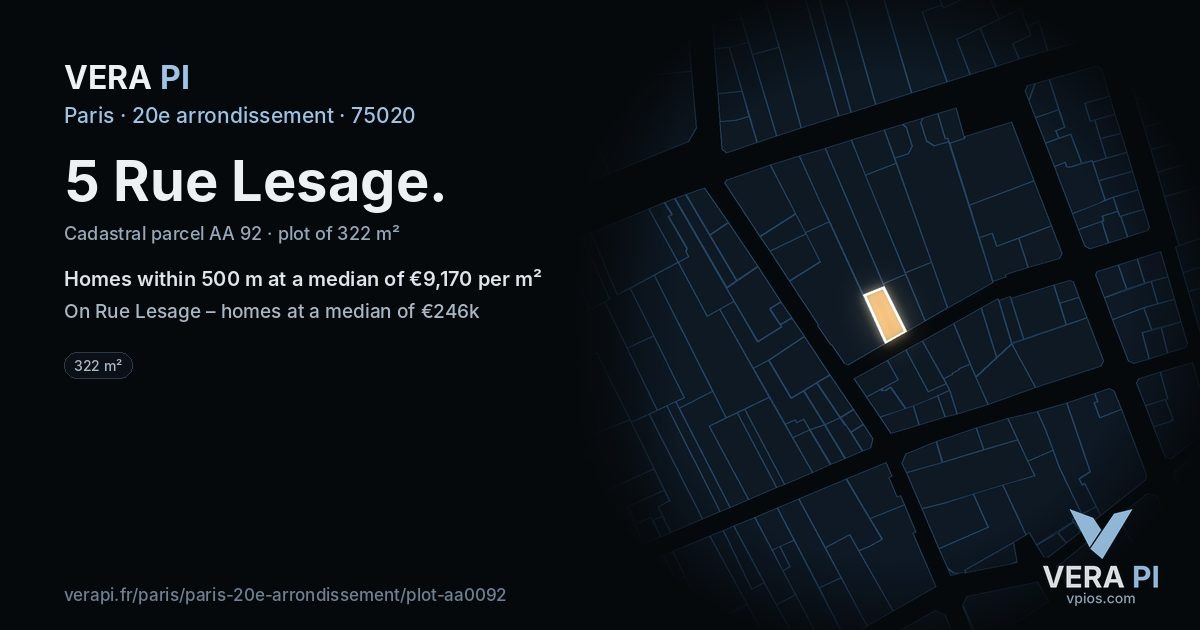 5 Rue Lesage, 20e arrondissement at night – the plot lit, the parcels around coloured by the prices near them