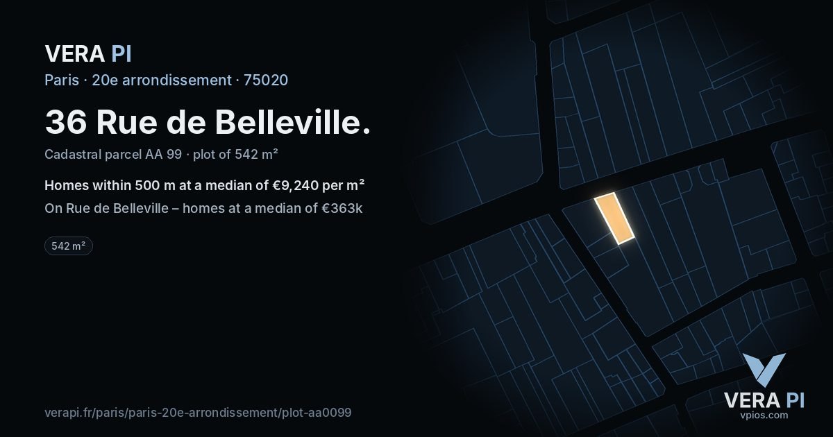 36 Rue de Belleville, 20e arrondissement at night – the plot lit, the parcels around coloured by the prices near them