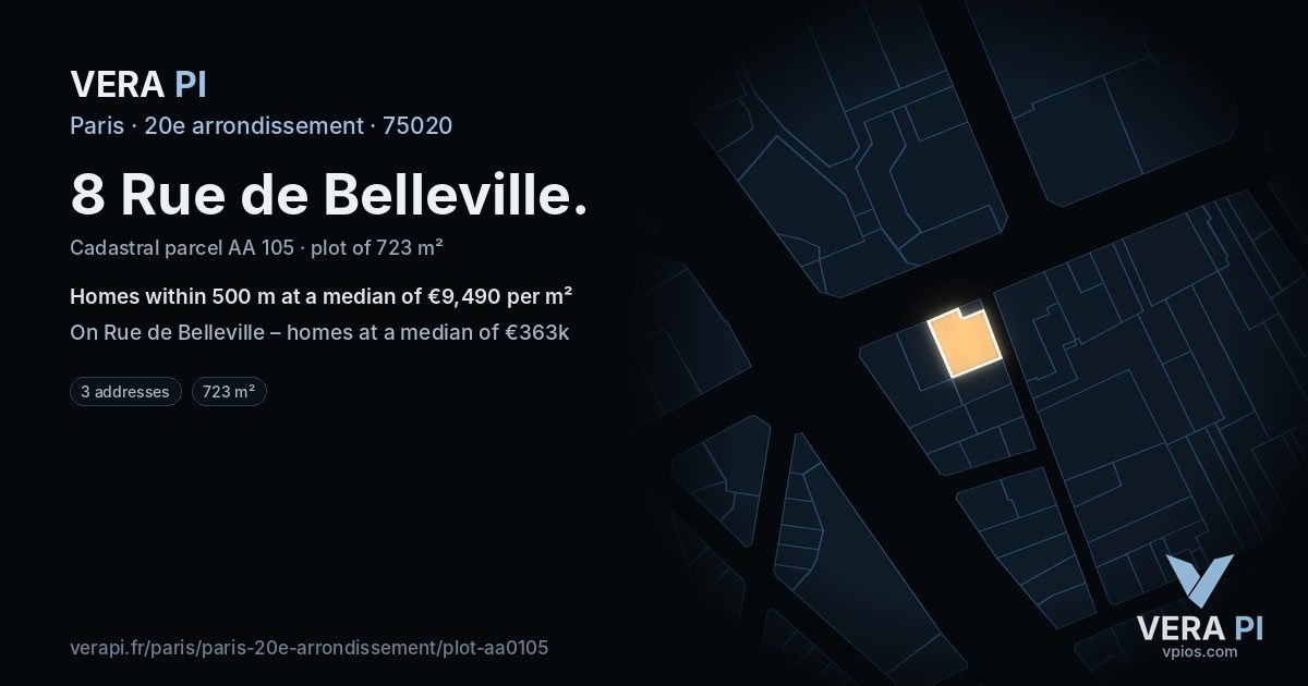 8 Rue de Belleville, 20e arrondissement at night – the plot lit, the parcels around coloured by the prices near them