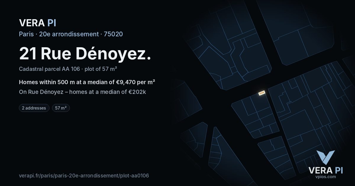 21 Rue Dénoyez, 20e arrondissement at night – the plot lit, the parcels around coloured by the prices near them