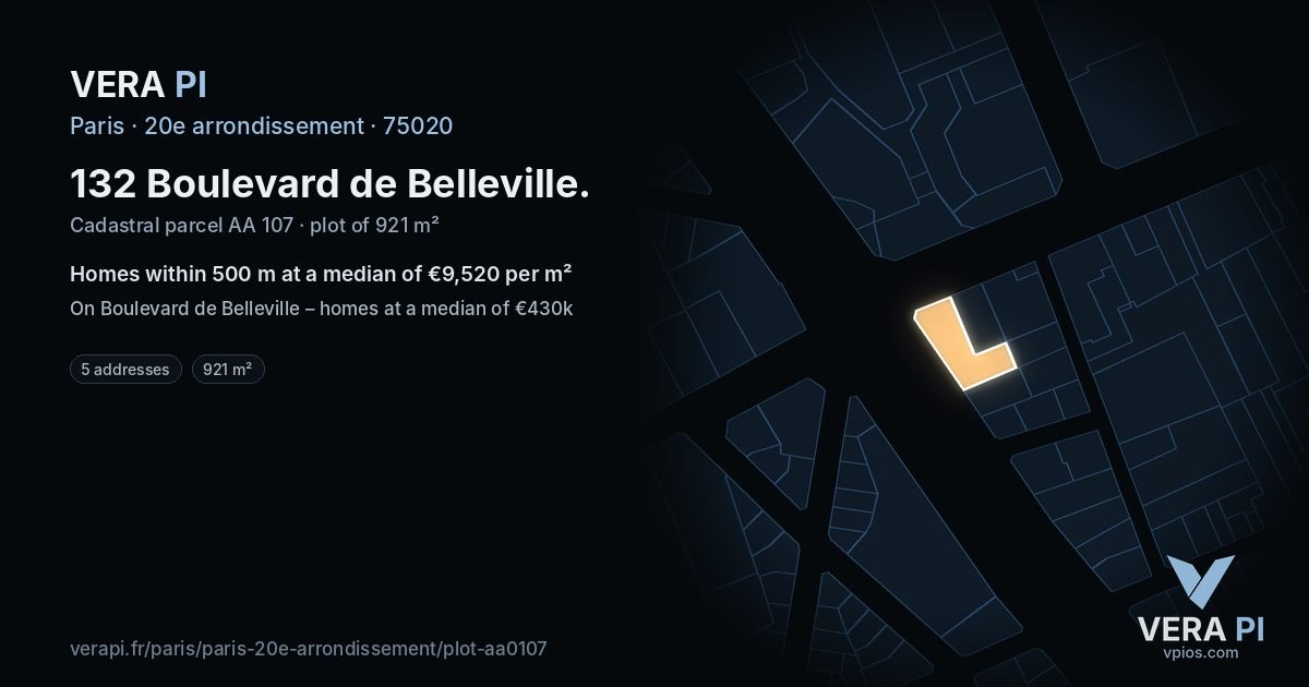 132 Boulevard de Belleville, 20e arrondissement at night – the plot lit, the parcels around coloured by the prices near them