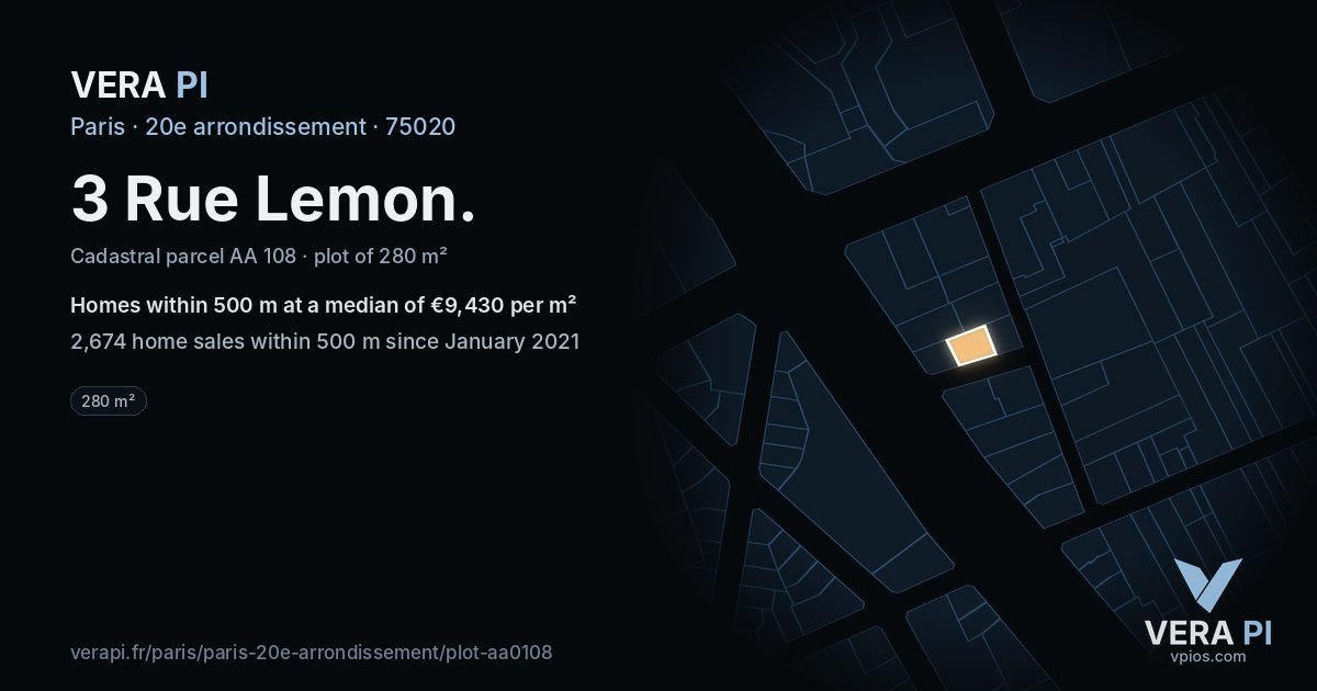 3 Rue Lemon, 20e arrondissement at night – the plot lit, the parcels around coloured by the prices near them