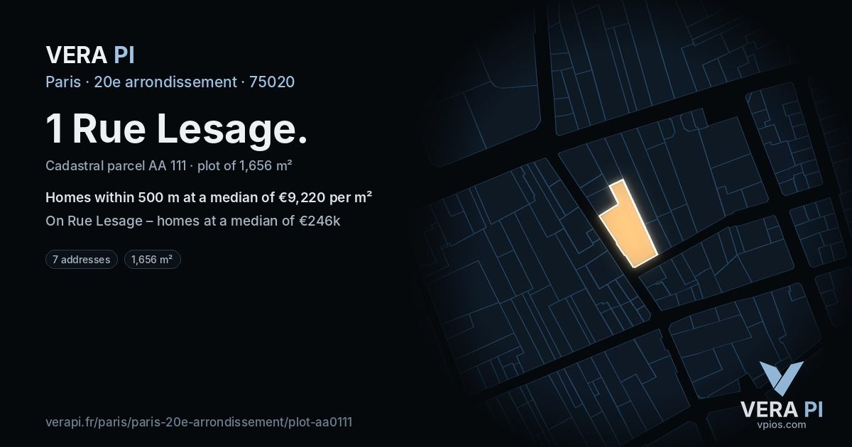 1 Rue Lesage, 20e arrondissement at night – the plot lit, the parcels around coloured by the prices near them