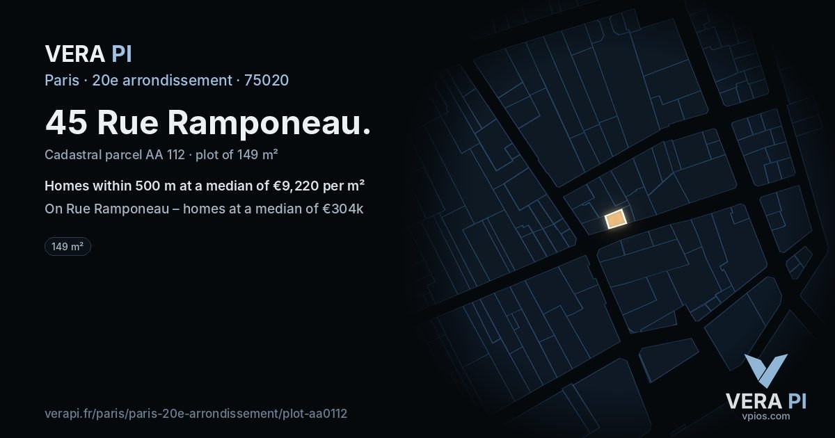 45 Rue Ramponeau, 20e arrondissement at night – the plot lit, the parcels around coloured by the prices near them
