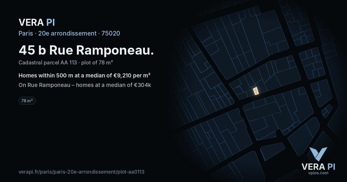 45 b Rue Ramponeau, 20e arrondissement at night – the plot lit, the parcels around coloured by the prices near them
