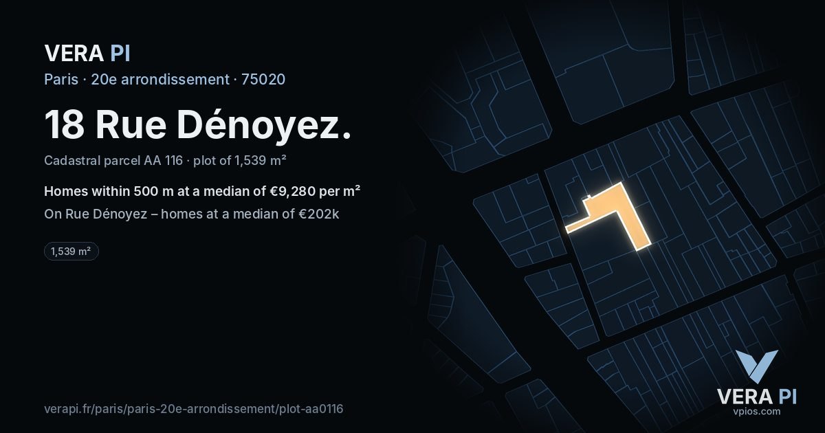 18 Rue Dénoyez, 20e arrondissement at night – the plot lit, the parcels around coloured by the prices near them
