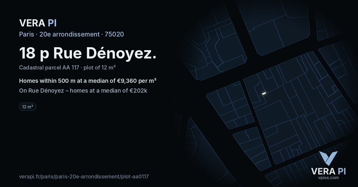 18 p Rue Dénoyez, 20e arrondissement at night – the plot lit, the parcels around coloured by the prices near them