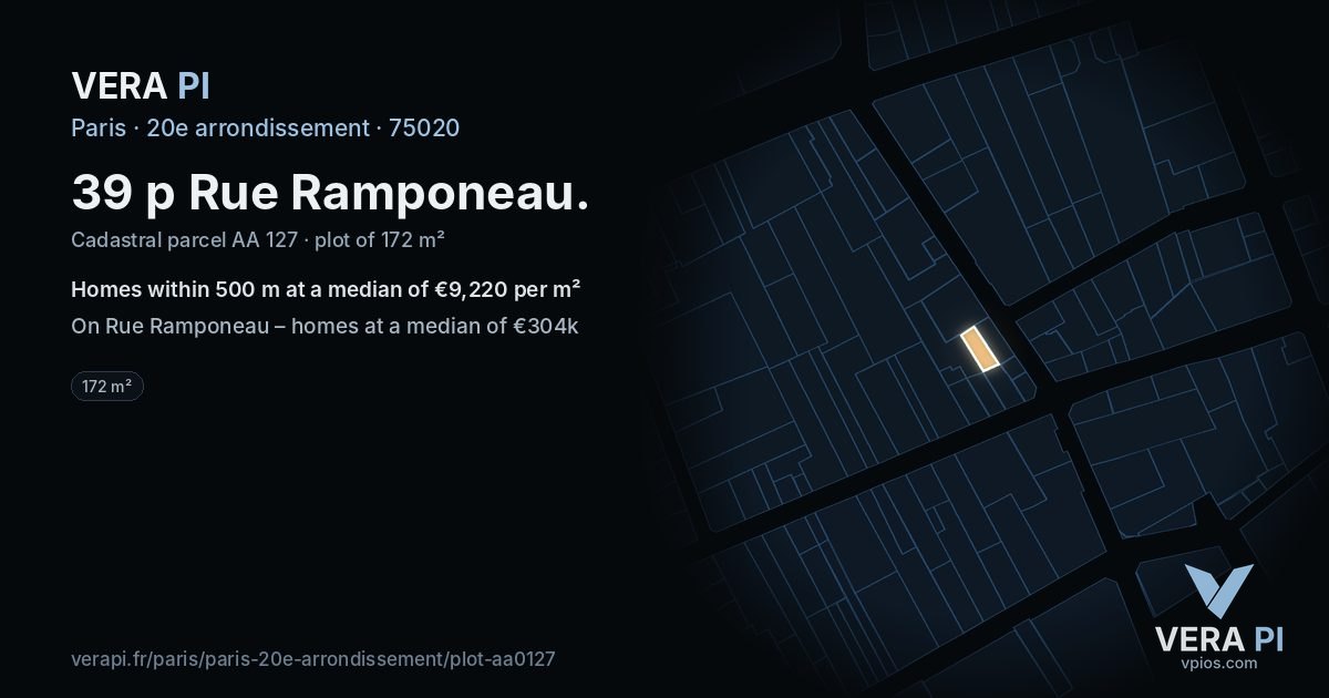 39 p Rue Ramponeau, 20e arrondissement at night – the plot lit, the parcels around coloured by the prices near them