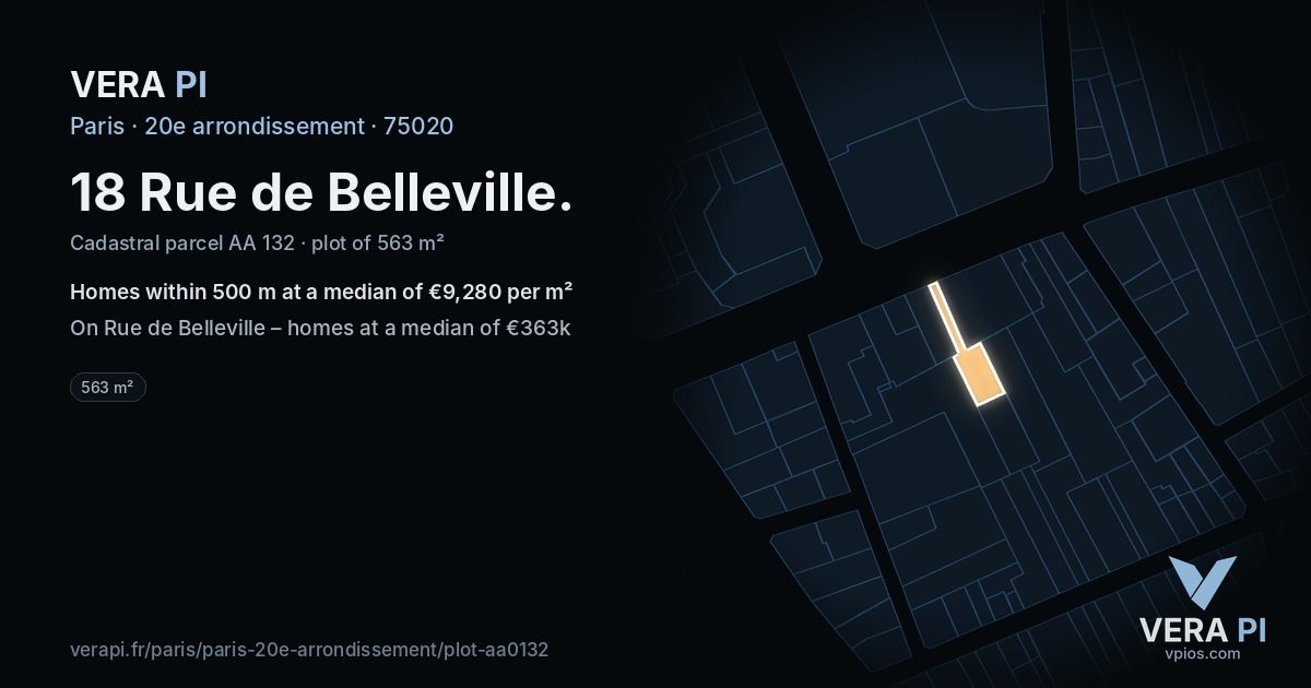 18 Rue de Belleville, 20e arrondissement at night – the plot lit, the parcels around coloured by the prices near them