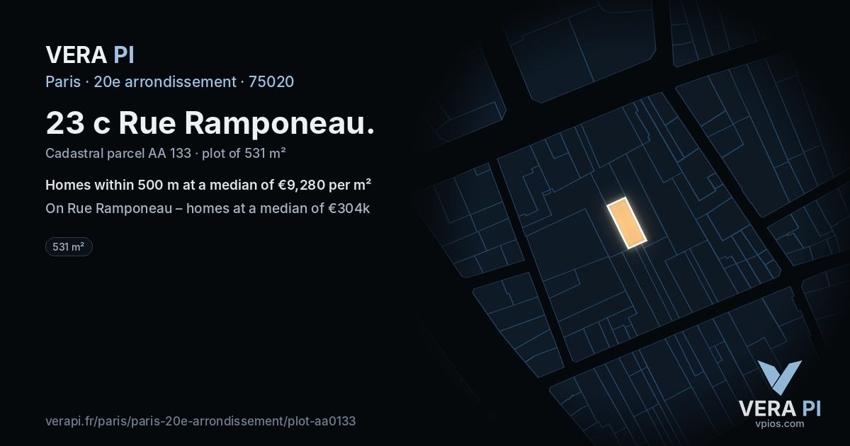 23 c Rue Ramponeau, 20e arrondissement at night – the plot lit, the parcels around coloured by the prices near them