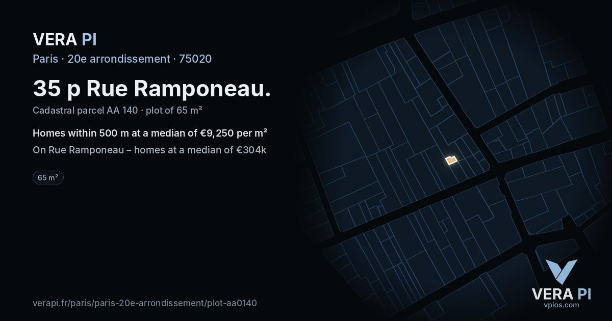 35 p Rue Ramponeau, 20e arrondissement at night – the plot lit, the parcels around coloured by the prices near them