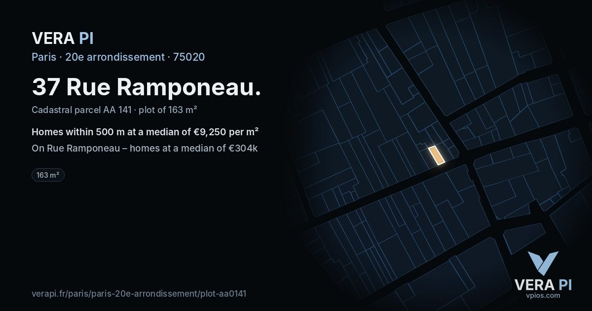 37 Rue Ramponeau, 20e arrondissement at night – the plot lit, the parcels around coloured by the prices near them