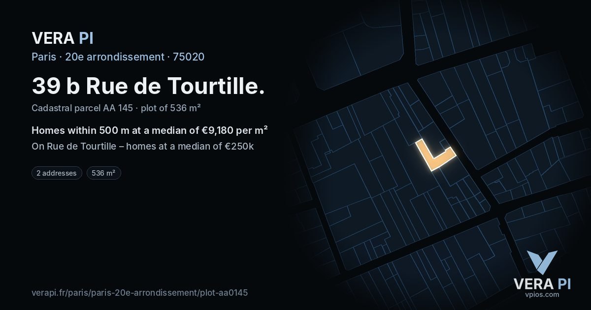 39 b Rue de Tourtille, 20e arrondissement at night – the plot lit, the parcels around coloured by the prices near them