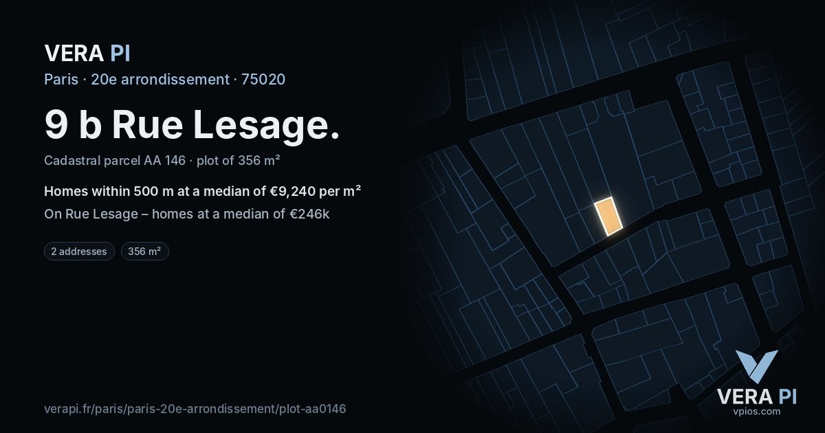 9 b Rue Lesage, 20e arrondissement at night – the plot lit, the parcels around coloured by the prices near them