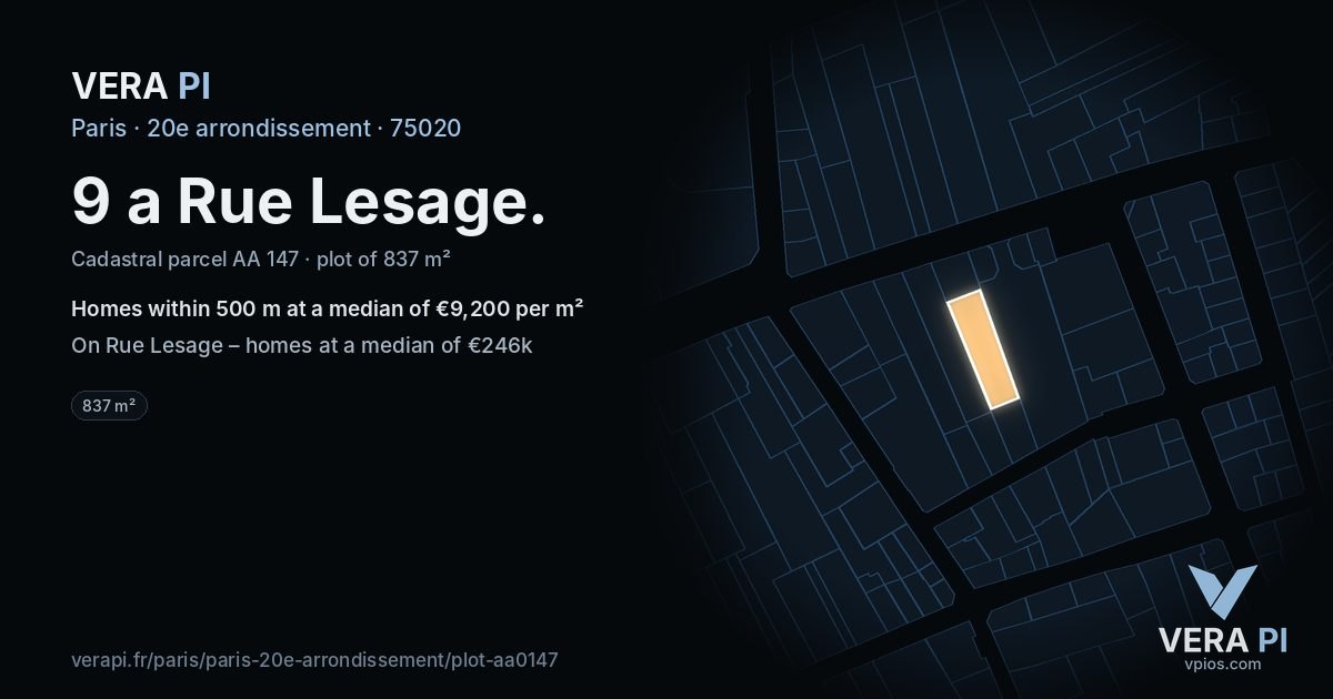 9 a Rue Lesage, 20e arrondissement at night – the plot lit, the parcels around coloured by the prices near them