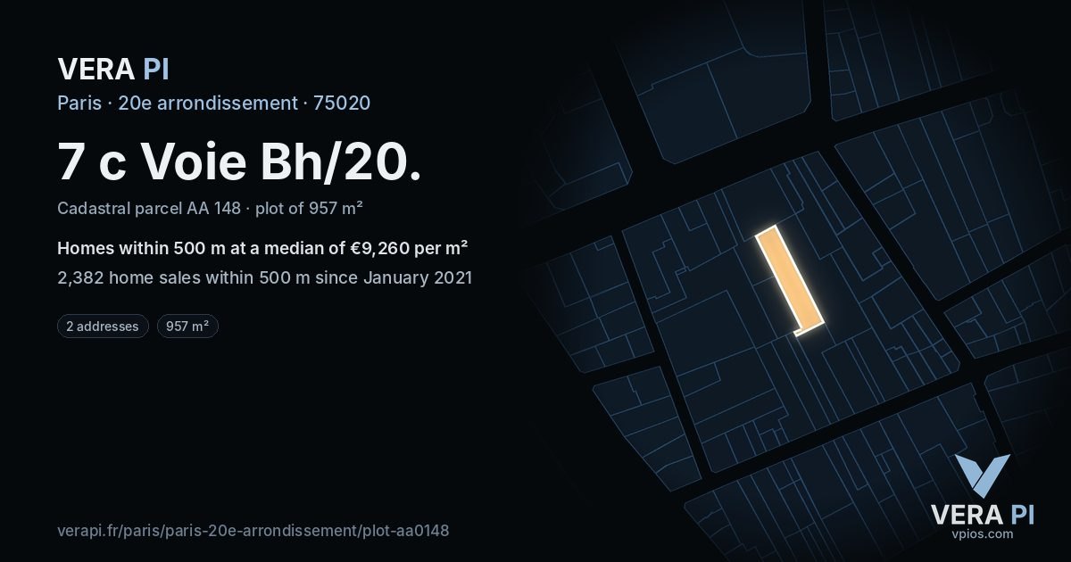 7 c Voie Bh/20, 20e arrondissement at night – the plot lit, the parcels around coloured by the prices near them