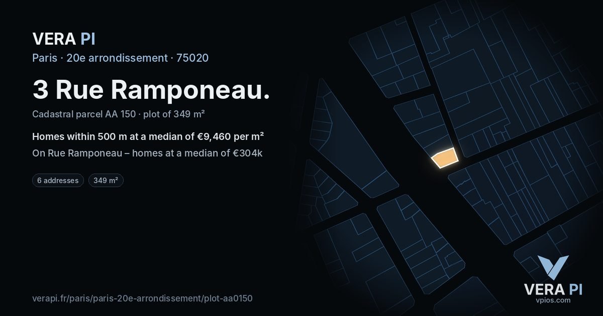 3 Rue Ramponeau, 20e arrondissement at night – the plot lit, the parcels around coloured by the prices near them