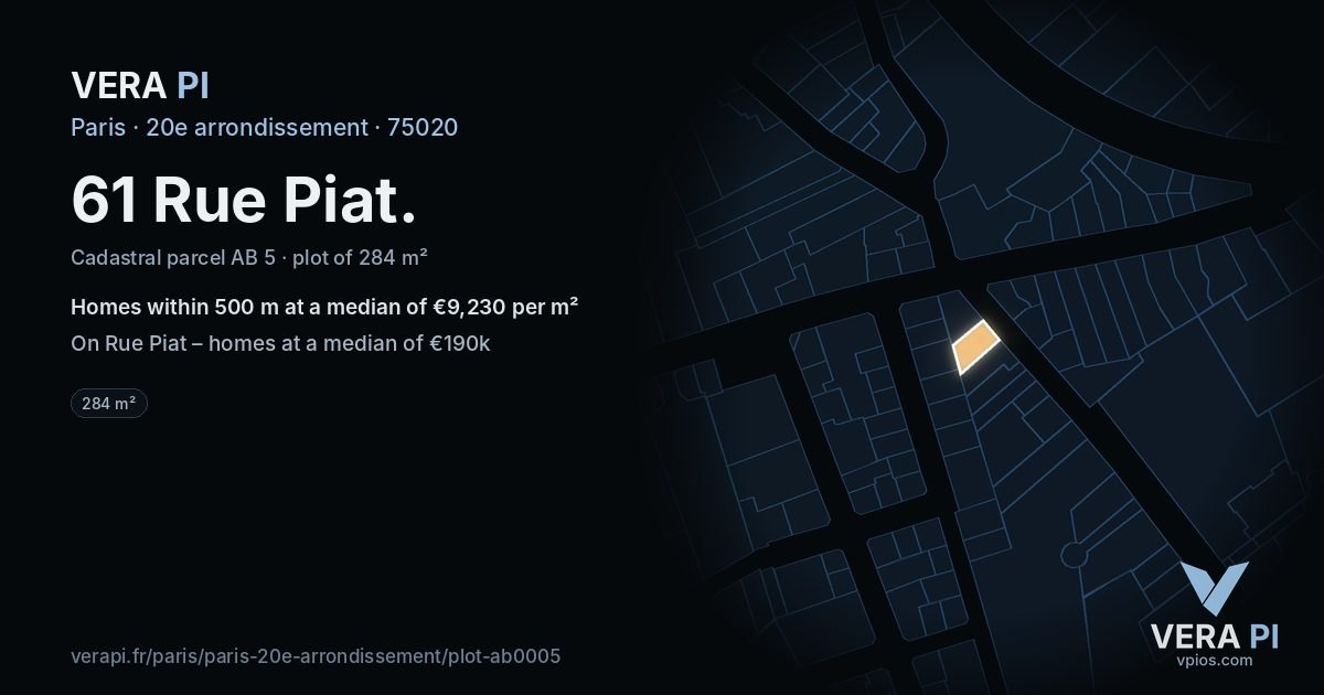 61 Rue Piat, 20e arrondissement at night – the plot lit, the parcels around coloured by the prices near them