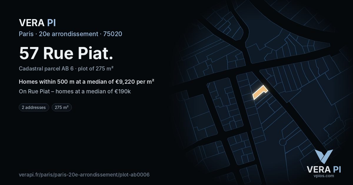 57 Rue Piat, 20e arrondissement at night – the plot lit, the parcels around coloured by the prices near them