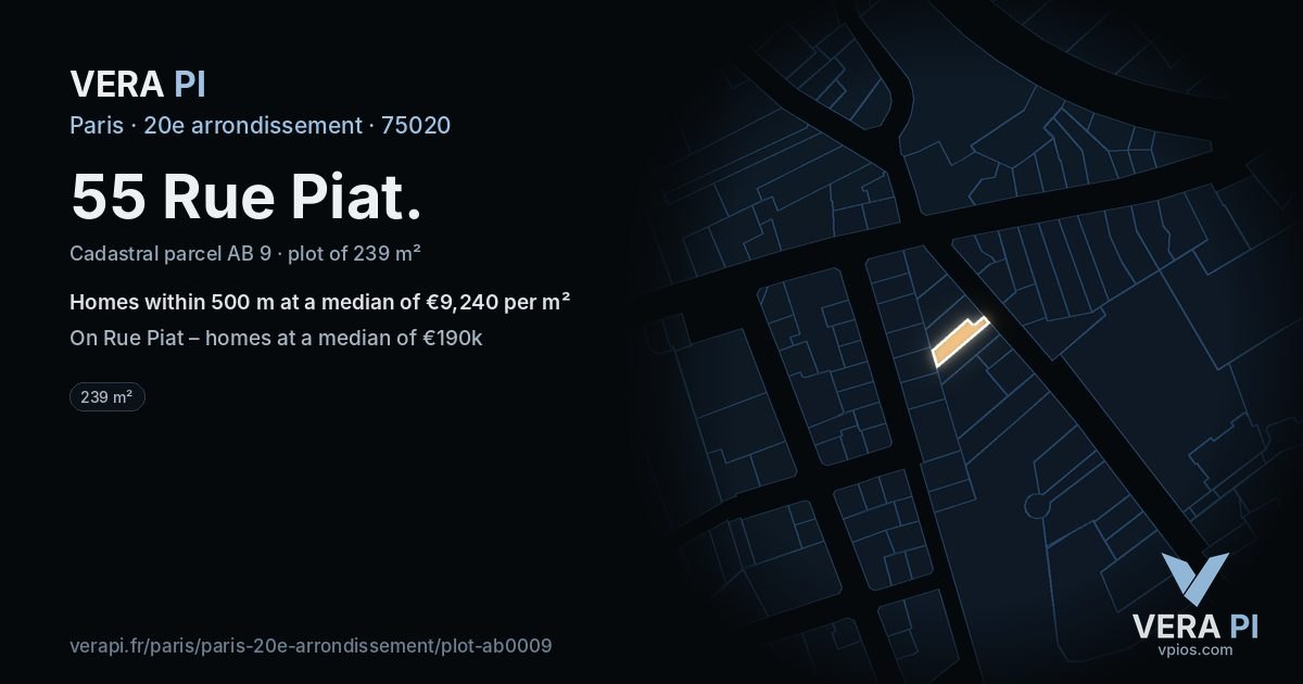 55 Rue Piat, 20e arrondissement at night – the plot lit, the parcels around coloured by the prices near them