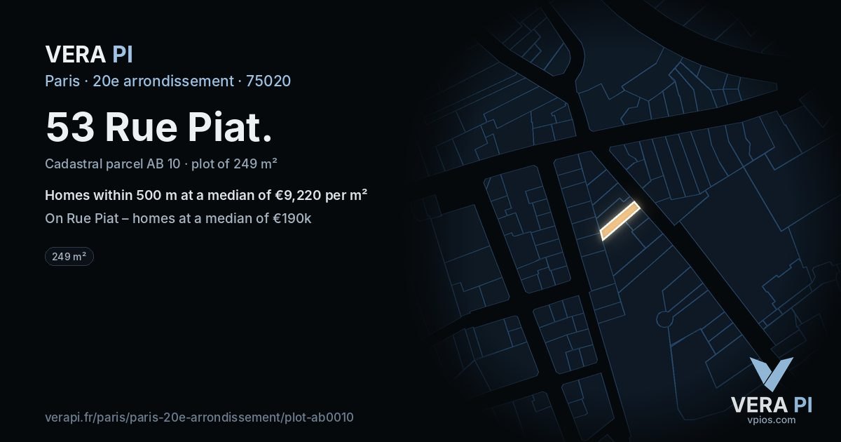 53 Rue Piat, 20e arrondissement at night – the plot lit, the parcels around coloured by the prices near them