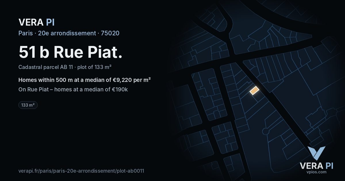 51 b Rue Piat, 20e arrondissement at night – the plot lit, the parcels around coloured by the prices near them