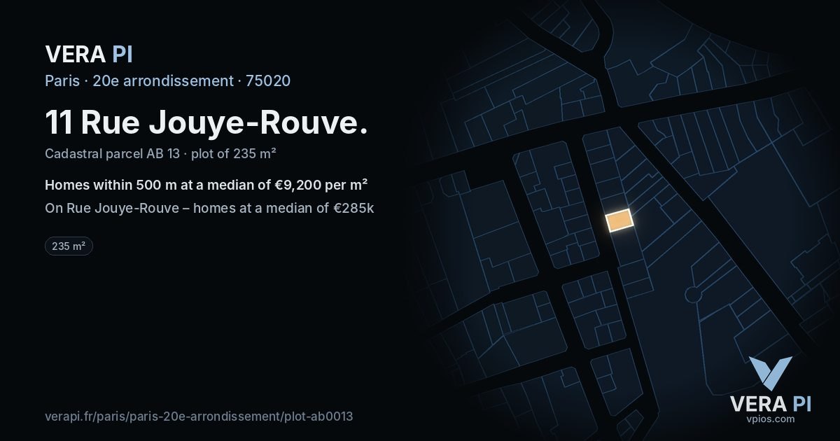 11 Rue Jouye-Rouve, 20e arrondissement at night – the plot lit, the parcels around coloured by the prices near them